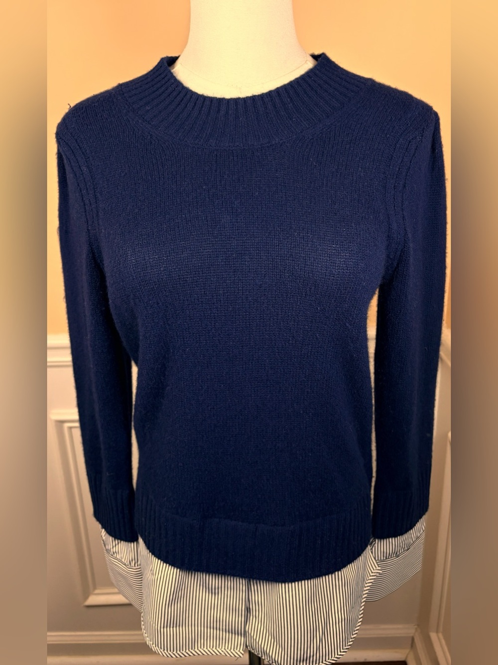 💙 Brochu Walker XS Wool Cashmere Layered Shirt Sweater Navy Stripe